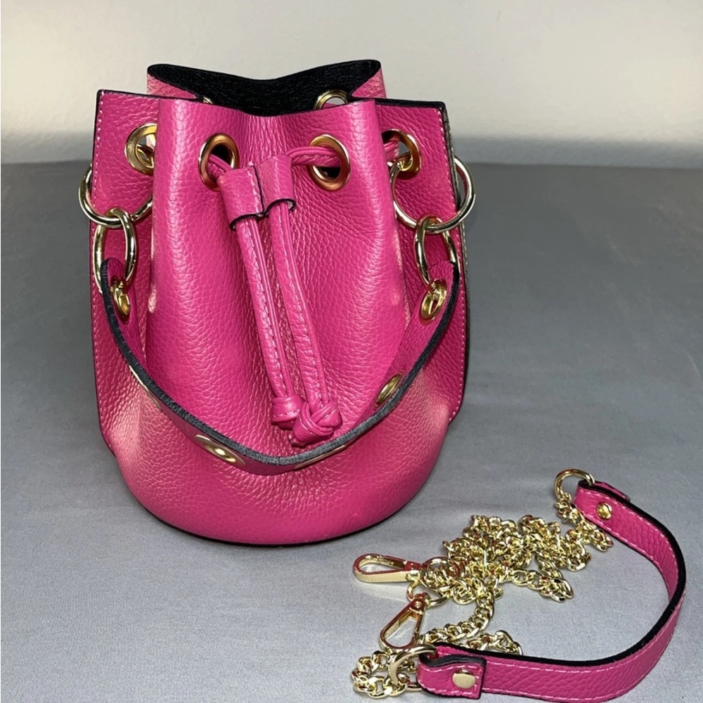 Italian Handmade Womens Leather Bucket Bag 2 Way Handle/ Cross Body Chain Pink